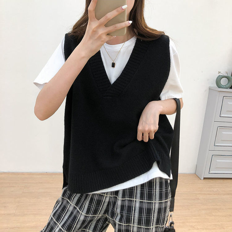 Hirsionsan V Neck Knitted Sweater Vest Women 2021 New Korean Cashmere Loose Vest Pullovers Female Solid Sleeveless Knitwear