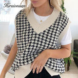 Hirsionsan V Neck Knitted Sweater Vest Women 2021 New Korean Cashmere Loose Vest Pullovers Female Solid Sleeveless Knitwear